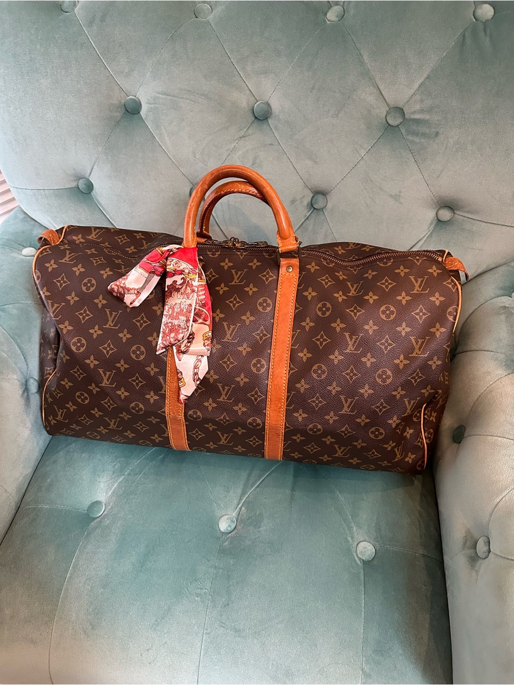 Louis Vuitton Brown Monogram Duffel Bag with Tan Trim